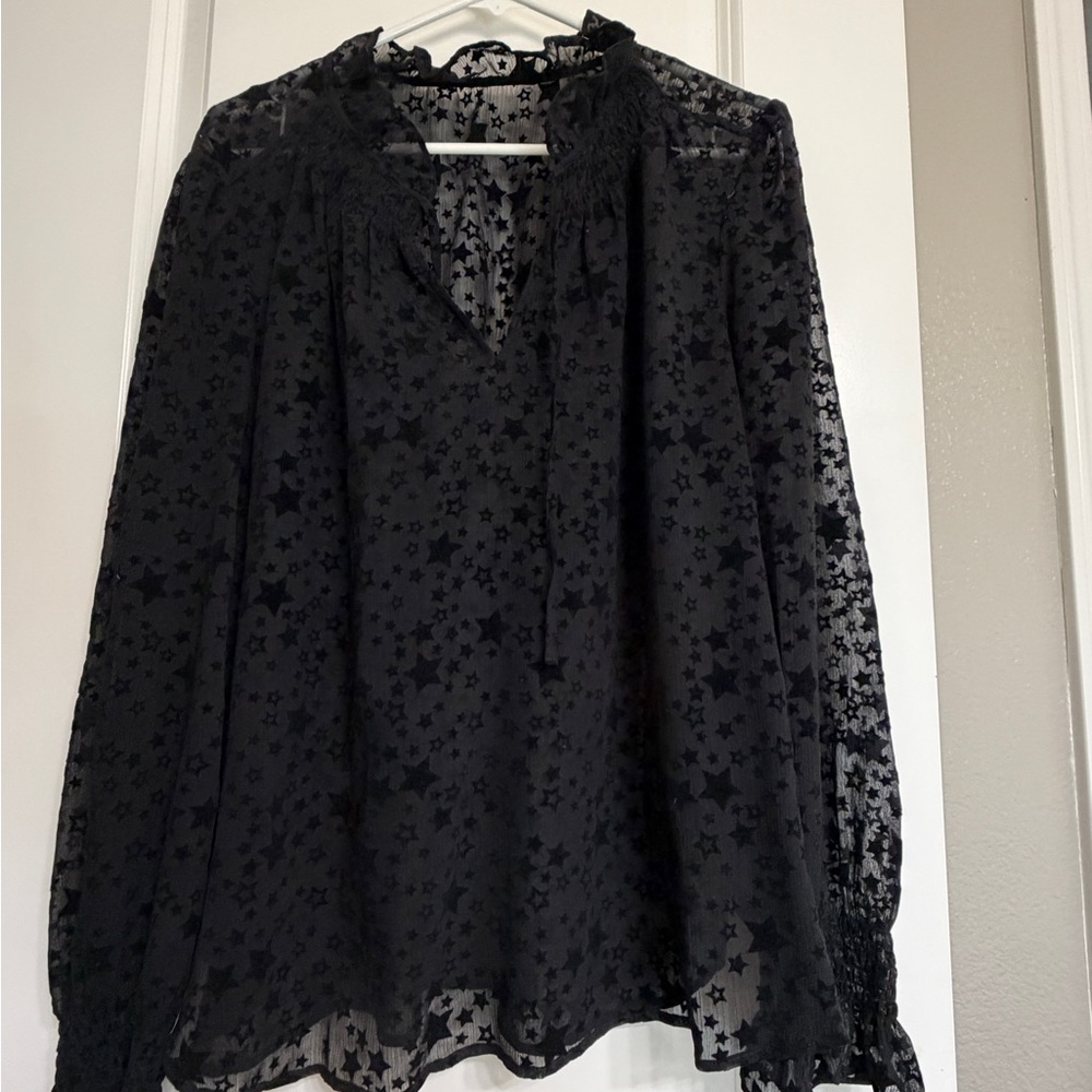 LOFT Black Sheer Star Print Blouse Long Sleeve size L Women’s